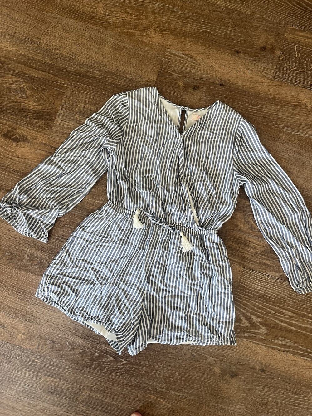 GB Girls Blue White Striped Romper Tassel Tie Long Sleeve Size Large L